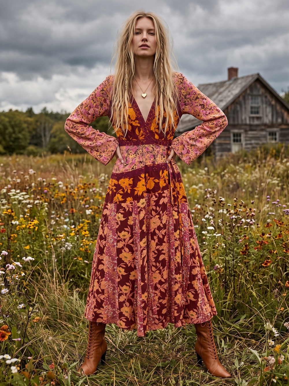 Free People Bohemian Retro 70s Gypsy Floral Tilda Maxi Dress Size Medium